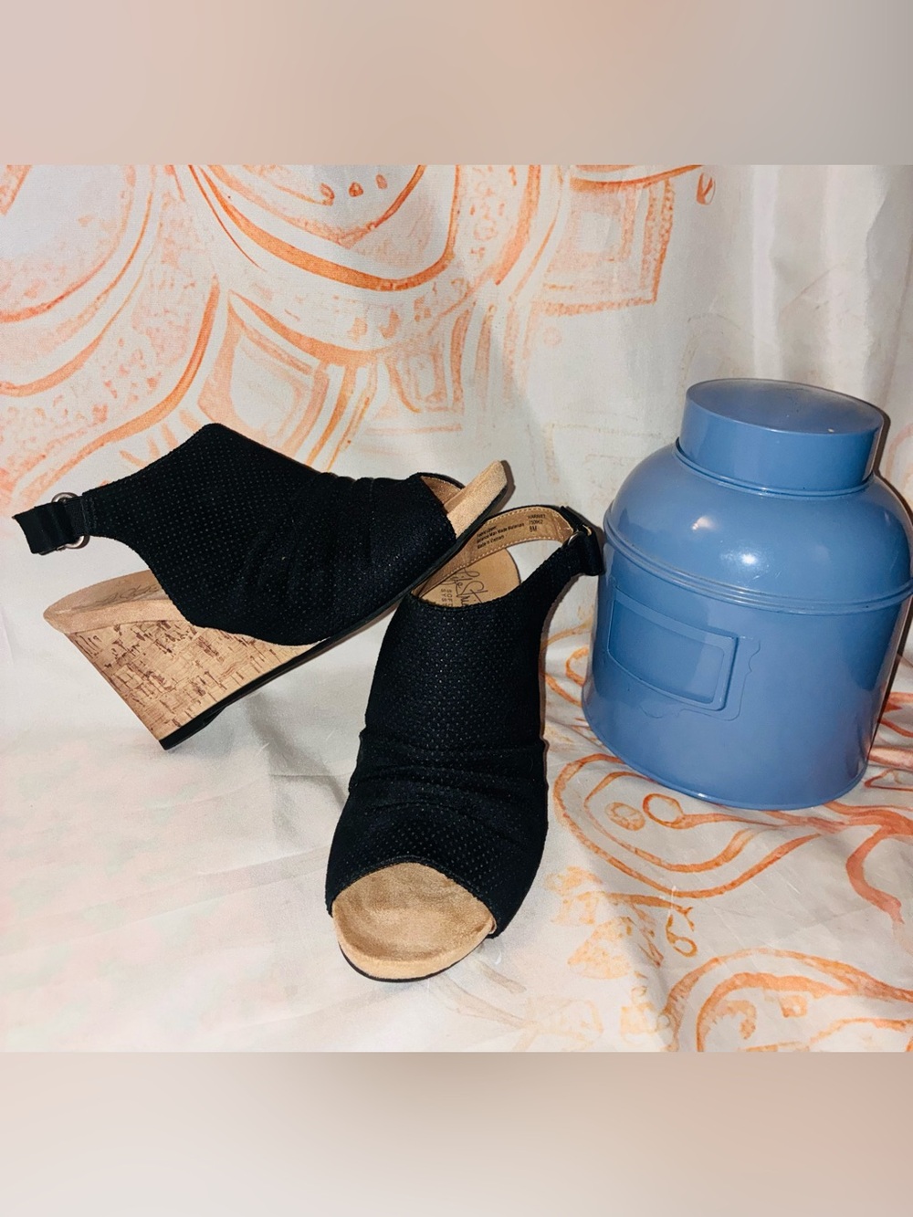 Life Stride Black Peep-Toe Cork Wedge Sandals